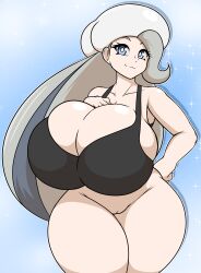 1girls alternate_version_available big_ass big_breasts black_bra blue_eyes bottomless bra breasts_bigger_than_head cleavage female female_only huge_breasts large_breasts light-skinned_female light_skin mature_female melony_(pokemon) milf nintendo pokemon solo tagme takano_(artist) thick_thighs