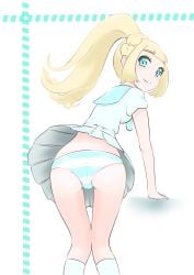 1girls ass ass_focus big_ass blonde_hair dress female female_only human lillie_(pokemon) looking_at_viewer looking_back microsd_(artist) nintendo pinup pokemon pokemon_sm ponytail skirt_lift slender_legs solo thighs upskirt