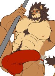 1boy abs absurd_res anthro armpit_hair barong_(tokyo_afterschool_summoners) blue_eyes body_hair brown_hair chest_hair clothed clothing dancing ear_piercing ear_ring erection erection_under_clothing facial_piercing felid fur gold_(metal) gold_jewelry hair happy_trail hi_res jewelry lifewonders lion male male_only mammal mane money muscular_arms muscular_legs nipples nose_piercing nose_ring pantherine pecs piercing pole pole_dancing ring_piercing smile smirk solo stripper tan_body tan_fur tenting tokyo_afterschool_summoners toranoyouhei yellow_sclera