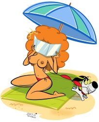 1girls big_breasts bikini bikini_bottom bikini_top bikini_top_removed canine cartoon_network covering_face exposed_breasts female female_focus long_hair mature_female orange_hair powerpuff_girls sara_bellum topless umayorokobi white_background