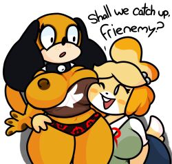 2023 animal_crossing animal_crossing:_new_leaf anthro bell_hair_tie big_breasts breast_out crossover dog_ears dog_girl dog_tail duck_hunt duck_hunt_dog english_text face_on_breast furry furry_only huntress_(lewdewott) isabelle_(animal_crossing) lewdewott nintendo rule_63 spiked_collar text thick_thighs white_background