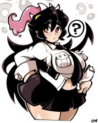 belly belly_exposed big_ass black_hair chubby chubby_female filia_(skullgirls) hanging_belly legendofnerd plump plump_thighs samson_(skullgirls) school_uniform short_skirt skullgirls thick thick_thighs tie wide_hips