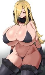 1girls alternate_breast_size bikini black_bikini blonde_hair breasts breasts_bigger_than_head cynthia_(pokemon) female game_freak hair_over_one_eye hi_res huge_breasts large_breasts light-skinned_female light_skin long_hair nintendo pokemon pokemon_dppt thick_thighs thighs tiger_drop voluptuous white_background wide_hips