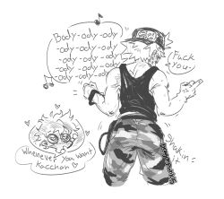 <3_eyes 2022 2boys aroused ass ass_focus backwards_baseball_cap backwards_hat baseball_cap blush butt butt_focus camouflage_pants cap dancing dialogue dragonpunk15 drooling duo english_text freckles gay hat heart heart_eyes human izuku_midoriya katsuki_bakugou male male_only middle_finger music_note my_hero_academia open_mouth pants profanity rear_view saliva shaking_ass shaking_butt simple_background singing sweat text white_background yaoi