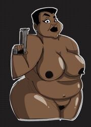 2023 amanda_waller areola bbw belly black_hair black_lips breasts brown_skin chubby_female dark-skinned_female dark_skin dc dc_comics ear_piercing earrings erect_nipples gun hair holding_gun holding_wapon jodero lips looking_at_viewer mature mature_female mature_woman milf nipples pubes short_hair standing thick_lips thick_thighs