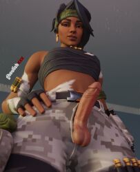 1futa 3d ammunition balls bandana bandolette black_hair blender bottomwear clothed clothing dark-skinned_female dark-skinned_futanari dark_skin detailed_background ear_piercing earrings erection female female_focus fortnite futa_only futanari ghoulishxxx gloves green_hair handwear headband headwear huge_cock jeans light-skinned_female light-skinned_futanari light_skin looking_at_viewer looking_down pants penis penis_out presenting presenting_penis solo solo_female solo_focus topwear viewed_from_below watermark