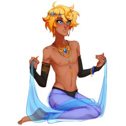 barefoot bishonen blonde_hair blue_eyes detached_sleeves femboy gekko-seishin girly harem_boy harem_outfit harem_pants malesub medium_hair necklace original original_character submissive_male tanned_skin veil