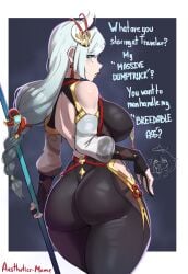 1girls aestheticc-meme aether_(genshin_impact) ass blue_eyes bodystocking breasts bubble_butt dialogue english_text female genshin_impact hair_over_one_eye hi_res hips huge_ass large_breasts long_hair pov shenhe_(genshin_impact) text thick_thighs thighs white_hair wide_hips