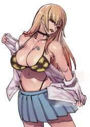 1girls 2022 armpits bikini bikini_under_clothes blonde_hair breasts choker cleavage clothing eyebrows_visible_through_hair female female_only floral_print gradient_hair gyaru head_tilt highleg highleg_bikini highres jewelry kitagawa_marin large_breasts long_hair looking_at_viewer miniskirt navel necklace open_clothes open_mouth open_shirt pleated_skirt red_eyes sashizume_soutarou school_uniform shirt simple_background skirt solo sono_bisque_doll_wa_koi_wo_suru standing steam steaming_body sweat sweating sweating_profusely teeth thong undressing white_background