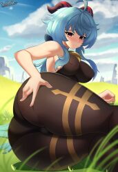 1girls ahoge armpits ass blue_hair blush bodystocking breasts cameltoe dat_ass female ganyu_(genshin_impact) genshin_impact hi_res horns huge_ass large_breasts light-skinned_female light_skin long_hair looking_at_viewer lying_on_side outdoors purple_eyes sol-sama_d2 thick_ass thick_thighs