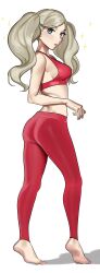 1girls ann_takamaki ass blonde_hair blue_eyes breasts butt leggings looking_at_viewer looking_back medium_breasts midriff nia_(nia4294) persona persona_5 petite red_leggings red_sports_bra red_yoga_pants sideboob sparkles sports_bra twintails white_background yoga_pants