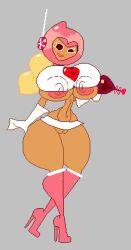 cookie_run high_heels huge_ass huge_breasts huge_thighs keelgabeytheart no_panties pink_choco_cookie short_skirt small_shirt