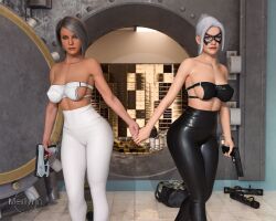 2girls 3d anti-heroine antiheroine athletic athletic_female big_breasts black_cat_(insomniac) black_cat_(marvel) breasts busty curvaceous curvy curvy_figure digital_media_(artwork) domino_mask eyebrows eyelashes eyes felicia_hardy female female_focus female_only fit fit_female french_nails fully_clothed hair hips hourglass_figure huge_breasts human insomniac_games large_breasts legs light-skinned_female light_skin lips long_hair lower_body marvel marvel_comics mask masked masked_female mature mature_female merlynn silver_sable silver_sablinova spider-man_(insomniac) spider-man_(ps4) spider-man_(series) superhero superheroine thick thick_hips thick_legs thick_thighs thief thighs top_heavy upper_body villain villainess voluptuous waist watermark white_hair wide_hips