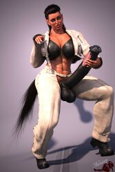 1futa 3d abs absurd_res animal_penis balls big_balls big_penis black_hair blue_eyes bra braids clothed crotchless_pants futa_only futanari half_squat horse_tail horsecock long_penis looking_at_viewer mascara masturbation nuriaz penis pointing_at_viewer pointy_ears tail tanned undercut yeania_aeon