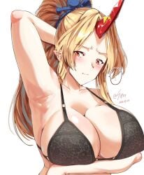 1girls arm_under_breasts arm_up armpits big_breasts black_bra blonde_hair blush bra female female_only horn hoshiguma_yuugi large_breasts light-skinned_female light_skin oni oni_female oni_horn pointy_ears ponytail red_horn solo sunnysideup tagme touhou