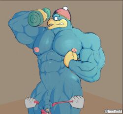 anthro balls bara barazoku beefkeki blue_body disembodied_hands exercise furry hat king_dedede kirby_(series) male male_only muscles muscular nintendo nude penguin penis underwear_down undressing weightlifting