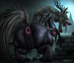 2020 absurd_res anal_hair ankle_wraps anthro antlers anus arm_wraps ass beast_(bloodborne) big_anus big_breasts big_butt black_nose blood blood_drip blood_drool blood_on_bandage blood_on_hand bloodborne bodily_fluids breasts brick_wall bridge butt_focus canid canine clitoris crouching despairchanpu detailed_anus detailed_background detailed_pussy digitigrade dripping drooling female feral fog fromsoftware full_moon genital_fluids genitals hi_res horn huge_breasts lactating lactation long_fingers long_neck long_tongue mammal mane milk moon nightmare_waifu open_mouth outside plump_labia presenting presenting_anus presenting_hindquarters presenting_pussy pubes puffy_anus pussy pussy_juice pussy_juice_drip pussy_juice_string rear_view sagging_breasts saliva saliva_string semi-anthro sharp_teeth snout solo sony_corporation sony_interactive_entertainment tail tail_aside teeth tongue tongue_out tower veil vicar_amelia wall_(structure) white_mane wraps