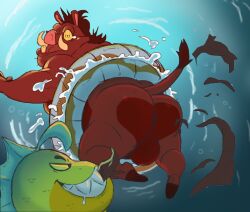 anthro ass assisted_exposure backsack balls boar crossover fish haxsmack interspecies male male_only mr._piranha_(the_bad_guys) penis piranha_(fish) pumbaa ring_floatie ripped_clothing shocked size_difference suina sus_(pig) swimming the_bad_guys the_lion_king underwater water