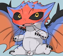 anthro balls black_sclera blue_body blue_scales blush capcom chibi claws comic countershading doneru elder_dragon fin flaccid frill_(anatomy) genitals hi_res horn male monster_hunter namielle penis scales simple_background sitting small_penis solo spikes whiskers wings