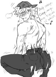 1boy 2022 ass ass_focus backwards_baseball_cap backwards_hat baseball_cap blush butt butt_focus cap crouching dancing english_text hat human katsuki_bakugou looking_back male male_only motion_blur motion_lines music_note my_hero_academia pants rear_view shaking_ass shaking_butt simple_background singing solo spread_legs spreading sweat text topless twerking white_background zamyn_06n