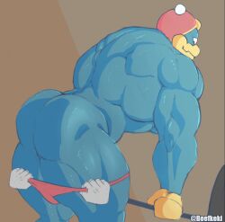 anthro ass bara barazoku beefkeki bent_over blue_body exercise furry hat king_dedede kirby_(series) male male_only muscles muscular nintendo nude penguin underwear_down undressing weightlifting