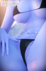 1girls 3d ass bed bedroom belly bikini black_bikini black_panties blender blizzard_entertainment blurry_background breasts clothed clothing diescope female female_focus female_only hi_res human legs legs_spread overwatch overwatch_2 panties purple_body purple_hair purple_skin pussy pussy_peek sitting solo solo_female solo_focus spread_legs spreading thick_thighs widowmaker