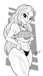 1girls big_breasts bikini_bottom chelsea_(ruby_gillman) looking_at_viewer monochrome nipples rod_akihiro ruby_gillman,_teenage_kraken thick_thighs underboob