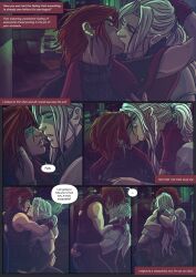 2boys carrying_partner comic english_text final_fantasy final_fantasy_vii gay genesis_rhapsodos ginger hugging kissing long_hair_male making_out male male_only red_hair sephiroth silver_hair speech_bubble text villain yaoi