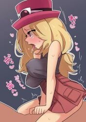 1girls black_shirt blonde_hair blue_eyes blush bouncing_breasts breasts clothed_sex clothing female female_on_top high_resolution highres long_hair male nintendo open_mouth penetration pokemon pokemon_xy red_skirt reona_(mesuinupoke) serena_(pokemon) serena_(pokemon_games) sex shirt skirt tears tongue tongue_out vaginal_penetration