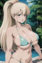 ai_generated bikini blonde_hair blue_eyes breasts clothing erect_nipples female female_only high_resolution huge_breasts large_breasts long_hair mature mature_female nipples retromage solo thong very_high_resolution