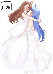 2girls blue_hair breasts bride brown_hair dress female female_only glasses green_eyes hug icoo kos-mos lifting_person long_hair medium_breasts off_shoulder red_eyes shion_uzuki wedding_dress white_dress wife_and_wife xenosaga yuri