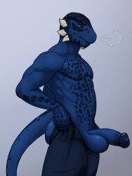 1boy 2023 anthro argonian ass balls ballsack bethesda_softworks big_balls blue_scales blue_skin blue_spots bottomwear clothed clothing digital_media_(artwork) erection foreskin foreskin_folds genitals hi_res humanoid_penis intact male male_only muscles muscular_male pants pants_down pecs penis pulling_up_pants reptile retracted_foreskin scales scalie scrotum simple_background solo tail tall_lizzard_(artist) testicles the_elder_scrolls tight_pants_(meme) topless topless_male tristen uncut veiny_penis