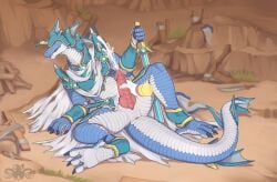 anthro anus blush bodily_fluids clothed clothing cum dragon ejaculation erection genital_fluids genitals hi_res male melee_weapon penis scalie solo sonimad_(artist) sword tail weapon