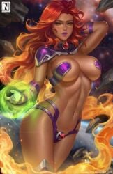 1girls alien alien_girl alien_humanoid artist_request big_breasts breasts curvy curvy_female curvy_figure dc dc_comics female female_only green_eyes heroine koriand'r long_hair nopeys orange_skin solo solo_female starfire starfire_(comics) superhero superheroine tamaranean teen_titans wide_hips