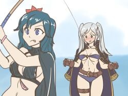 2girls alternate_costume belt bikini black_bikini black_swimsuit blue_eyes breasts byleth_(fire_emblem) byleth_(fire_emblem)_(female) female female_only fire_emblem fire_emblem:_three_houses fire_emblem_awakening fire_emblem_heroes fishing fishing_rod gloves hayato_stuff imminent_undressing leg_strap nintendo official_alternate_costume purple_bikini purple_swimsuit robe robin_(fire_emblem) robin_(fire_emblem)_(female) spongebob_reference swimsuit teal_hair twintails white_hair