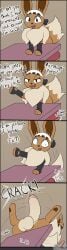 2023 3_toes 4koma absurd_res balls big_balls big_penis black_clothing black_eyes black_footwear black_headkerchief black_kerchief brown_body brown_fur brown_inner_ear brown_nose canid canine clothing comic cute_fangs dipstick_tail eevee feet feral fluffy fluffy_tail footwear fur furniture generation_1_pokemon genitals glans headgear headkerchief headwear hi_res huge_balls huge_cock humanoid_genitalia humanoid_penis humor kerchief male mammal mane markings miso_souperstar motion_lines nintendo on_table onomatopoeia penis pink_glans pokemon pokemon_(species) smile smirk solo sound_effects table tail tail_markings tan_balls tan_body tan_fur tan_penis text toes white_clothing white_headkerchief white_headwear white_kerchief