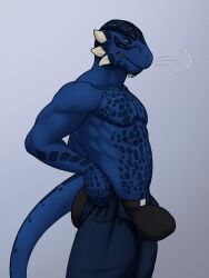 2023 anthro argonian ass bethesda_softworks blue_body blue_scales bottomwear bulge clothed clothing digital_media_(artwork) hi_res male male_only muscular muscular_male pants pecs pulling_up_pants reptile scales scalie simple_background solo tall_lizzard_(artist) the_elder_scrolls tight_pants_(meme) topless topless_male tristen underwear