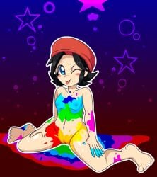 adeleine aged_up beret black_hair blue_eyes blush breasts kirby_(series) luigifan222 nintendo nude paint paint_on_body pussy tongue_out