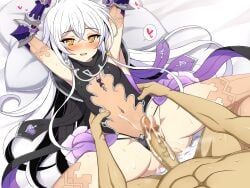 1boy armored_gloves bedroom cum_on_penis female flat_chest hair_ornament hilda_(stella_glow) penis smile stella_glow string_panties white_hair yaomai yellow_eyes