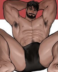 armpit_hair armpits beard black_eyes black_hair boxers_(clothing) bulge dopq facial_hair gay hands_behind_head looking_at_viewer lying male_only muscular muscular_male simple_background smooth_skin smooth_skinned_male spread_legs underwear