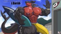 5_fingers absurd_res anthro areola biceps big_muscles big_nipples black_body bulge countershade_face countershade_torso countershading english_text fin fingers garchomp generation_4_pokemon hi_res holding_object holding_surfboard huge_muscles male male_only masterelrest muscular muscular_anthro muscular_male nintendo nipples pecs pokemon pokemon_(species) red_body red_countershading solo surfboard tail tail_fin text vein veiny_muscles