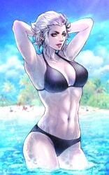 1girls beach beach_background big_breasts bikini black_bikini black_swimsuit final_fantasy final_fantasy_xiv hands_behind_head lipstick looking_at_viewer merlwyb_bloefhiswyn muscular muscular_female pale-skinned_female pale_skin roegadyn sand sea square_enix swimsuit white_hair yellow_eyes