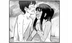 1boy 1girls 774_(nanashi) black_hair blush breasts covered_nipples edit femdom hayase_nagatoro long_hair looking_up monochrome naoto_hachioji_(senpai) onsen open_mouth penis_grab please_don't_bully_me,_nagatoro ponytail short_hair simple_background small_breasts smile sweat tan tan_skin tanline tanned white_background