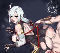 1boy 1girls aestheticc-meme aether_(genshin_impact) ass blue_eyes bodystocking breasts bubble_ass bubble_butt dialogue emotionless emotionless_sex english_text expressionless female genshin_impact hair_over_one_eye hi_res hips huge_ass large_breasts light-skinned_male light_skin long_hair male sex shenhe_(genshin_impact) spank_marks spanked text thick_thighs thighs white_hair wide_hips