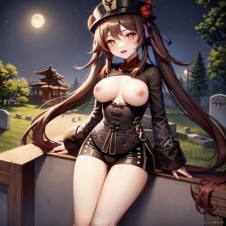 1girls ai_generated alternate_breast_size breasts brown_eyes brown_hair female galawave genshin_impact hat hu_tao_(genshin_impact) large_breasts light-skinned_female light_skin looking_at_viewer nipples stable_diffusion thighs twintails