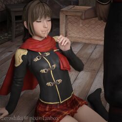 3d after_fellatio after_oral black_socks brown_hair cum_in_mouth cum_on_face deuce_(fft-0) ejaculating_in_mouth female final_fantasy final_fantasy_type-0 mosaic_censoring school_uniform swallowing swallowing_cum tagme watermark zeroshiki