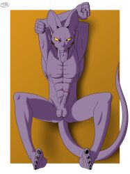 1boy anthro anthro_only ass balls beerus claws claws_out cornish_rex domestic_cat dragon_ball dragon_ball_super feet felid feline felis genitals hairless hairless_cat hi_res lying male male/male male_only mammal monroethefox muscular nipples penis rex_(cat) skinny solo tail yaoi