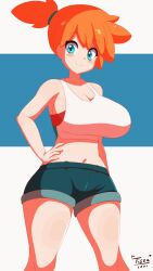 1girls 2020s 2022 9:16 alternate_breast_size alternative_bust_size animated animated_gif anime aqua_eyes areolae armpit asymmetrical_hair blue_bottomwear blue_eyes blush bouncing_breasts breasts clothing cute denim denim_shorts eyebrows_visible_through_hair female female_only front_view game_freak gif ginger_hair gym_leader hand_on_hip happy heroine huge_breasts human jean_shorts kasumi_(pokemon) large_breasts legs legs_apart light-skinned_female light_skin looking_at_viewer manga navel nintendo open_mouth orange_hair pokemon pokemon_(game) pokemon_lgpe pokemon_rgby ponytail shiny_hair shiny_skin shirt short_hair short_shorts shorts side_ponytail simple_background smile solo solo_female standing strong_tomboy_(spectrum) tagme tank_top teenage_girl teenager thighs tied_hair tiger1001 tomboy two_tone_background two_tone_background_(blueandwhite) video_game video_game_franchise watermark white_shirt white_topwear worm's-eye_view