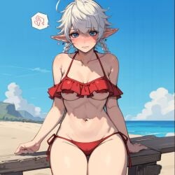 1girls ai_generated alisaie_leveilleur beach beach_background bikini blue_eyes blush braided_hair cleavage dialogue earrings elf elf_ears elf_female elf_girl final_fantasy final_fantasy_xiv heart leaning light-skinned_female light_skin looking_at_viewer nervous nervous_smile nipples ponzuaji square_enix swimsuit thick_thighs white_hair