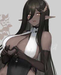 1girls beauty_mark beauty_mark_on_breasts black_hair blush breast_curtains clothed clothing cute dark-skinned_female dark_elf dark_elven_girl_(hayabusa) dark_skin elbow_gloves female female_only gloves hair_ornament happy hayabusa heart_hands original pointy_ears ring solo